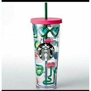 Starbucks Crazy Straws Sunglasses Lips Barbie Pink 24 Oz Rare Drinking Cup Straw
